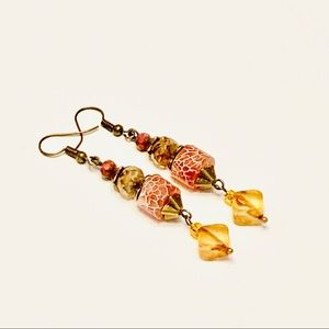 Rusty Orange Brown & Gold Fire Agate & Czech Glass Bohemian Bronze Earrings